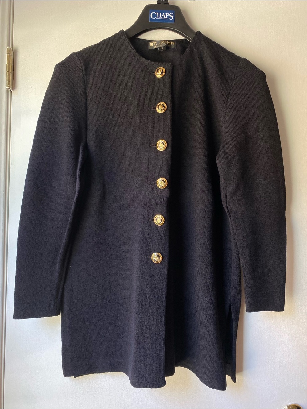 St. John Black Knit Long Blazer with Gold Buttons